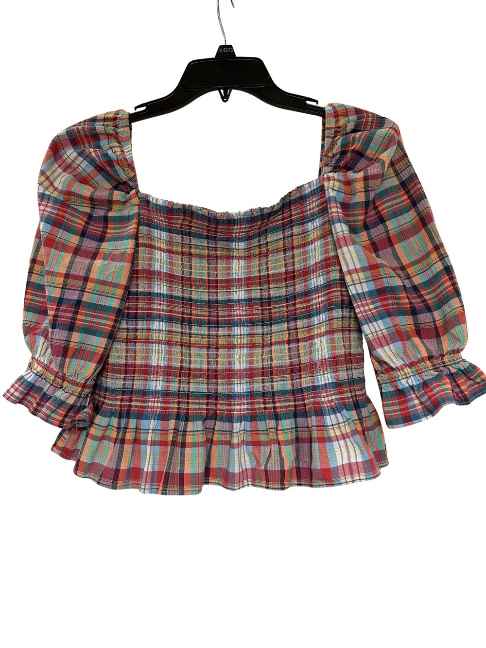 Tommy Hilfiger Madras Plaid Smocked Crop Top XL Off Shoulder Boho Cottagecore